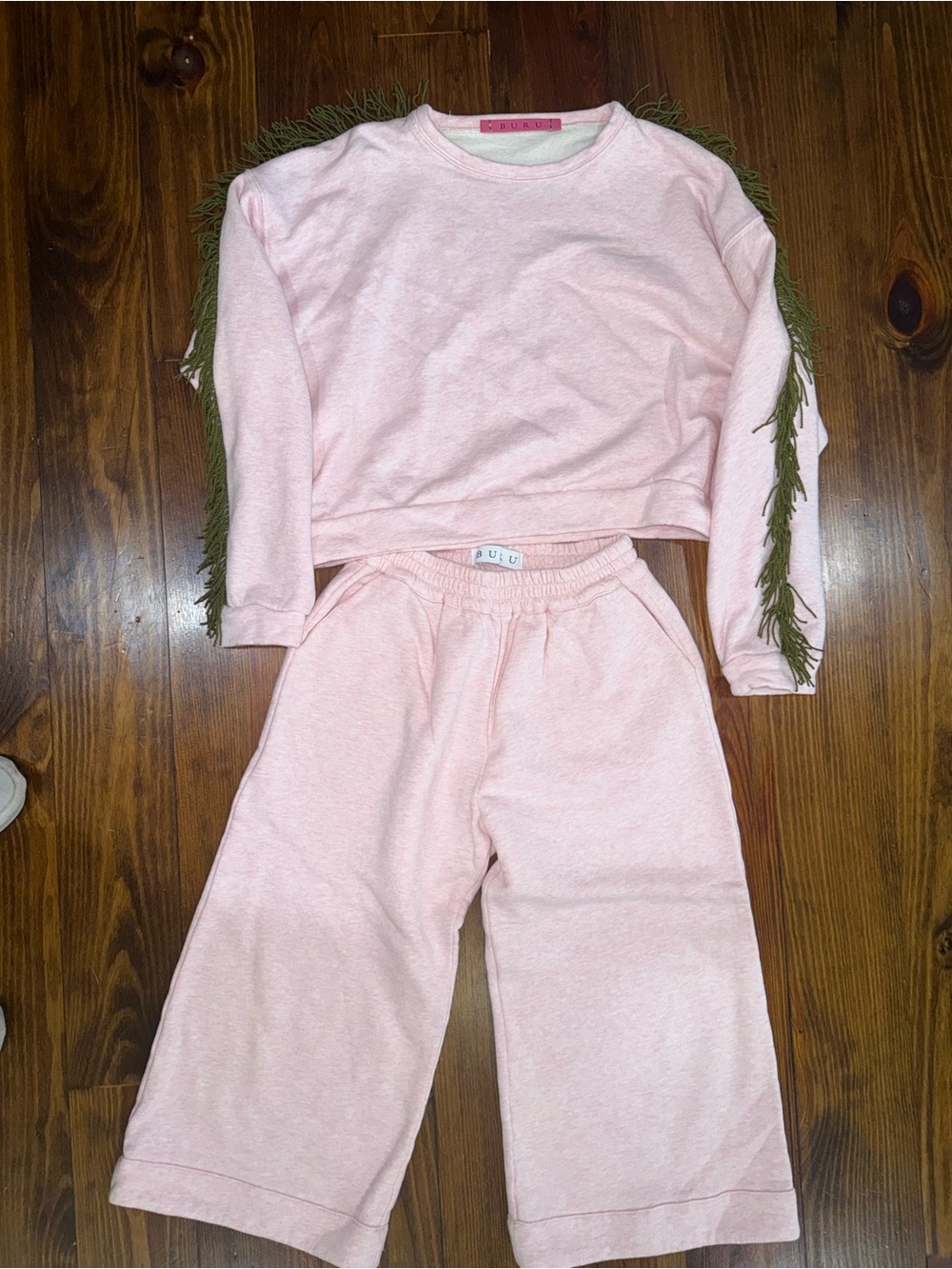 Pink Two-Piece Lounge Set with Fringe Sleeve Detail